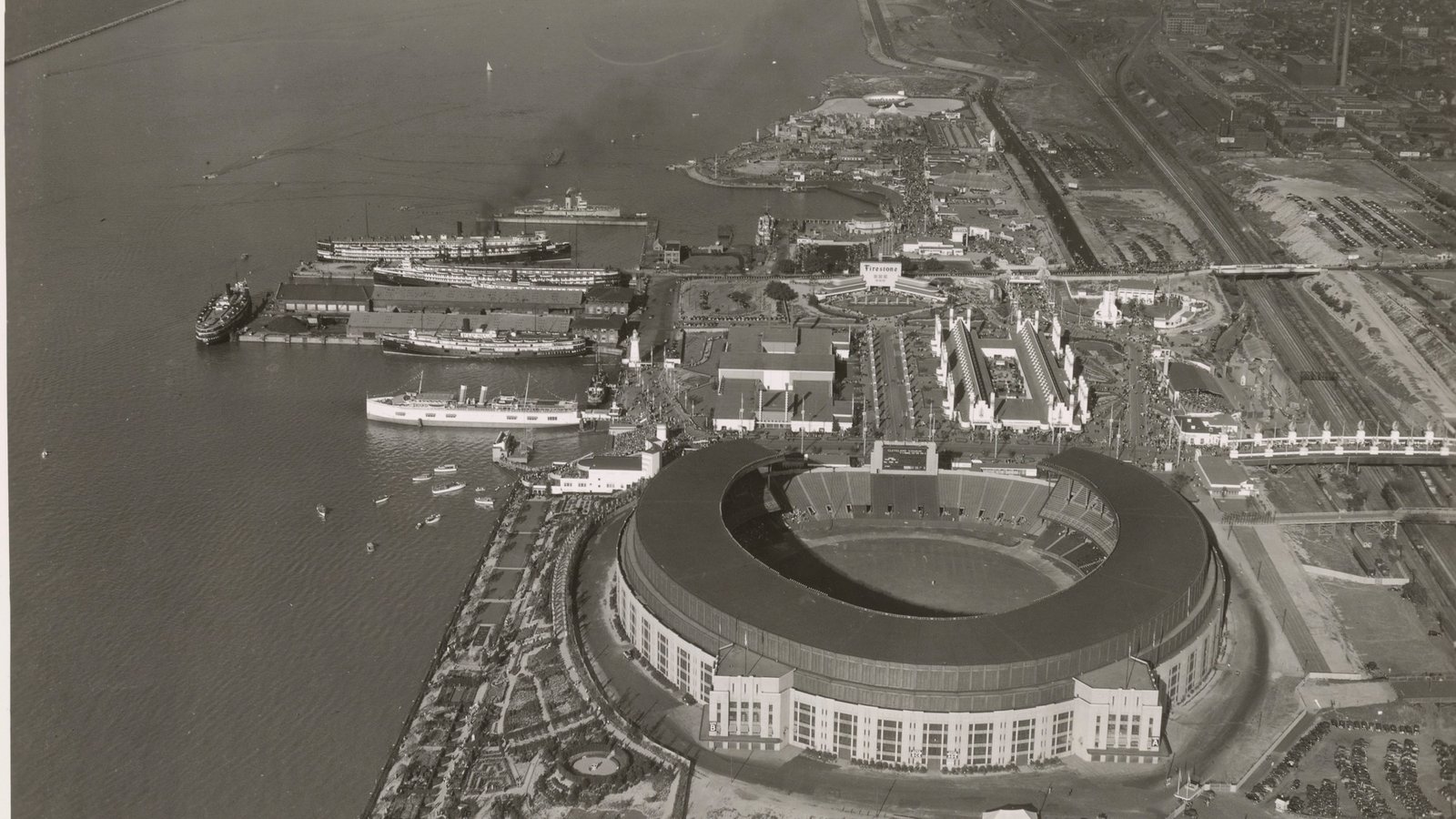 Historic 1936 aerial view of Cleveland Stadium and the Great Lakes Exposition on Cleveland’s lakefront.