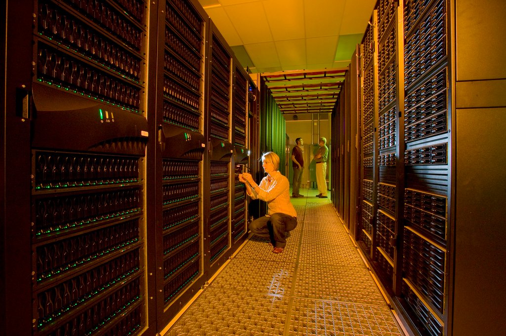 Cindy Heer checks the Hyperion high-performance-computing testbed at Lawrence Livermore National Laboratory.