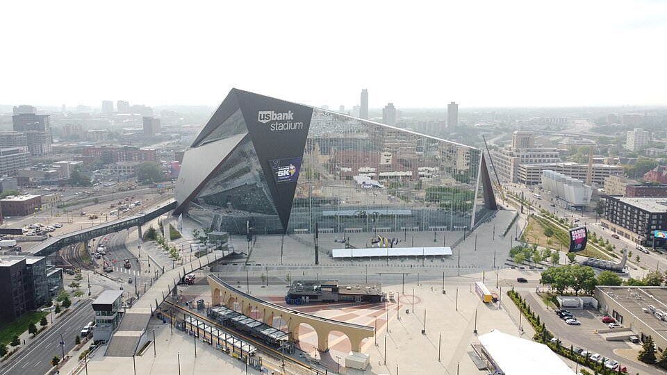 A landscape aerial view of U.S. Bank Stadium, home of the Minnesota Vikings, in Minneapolis.