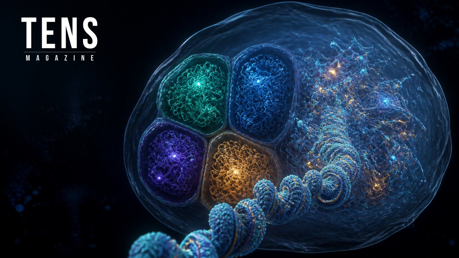 Conceptual illustration of changing three-dimensional genome organization in an aging cell nucleus