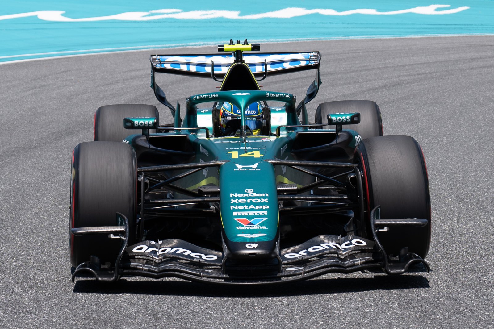Fernando Alonso driving the Aston Martin Formula 1 car at the Miami Grand Prix.
