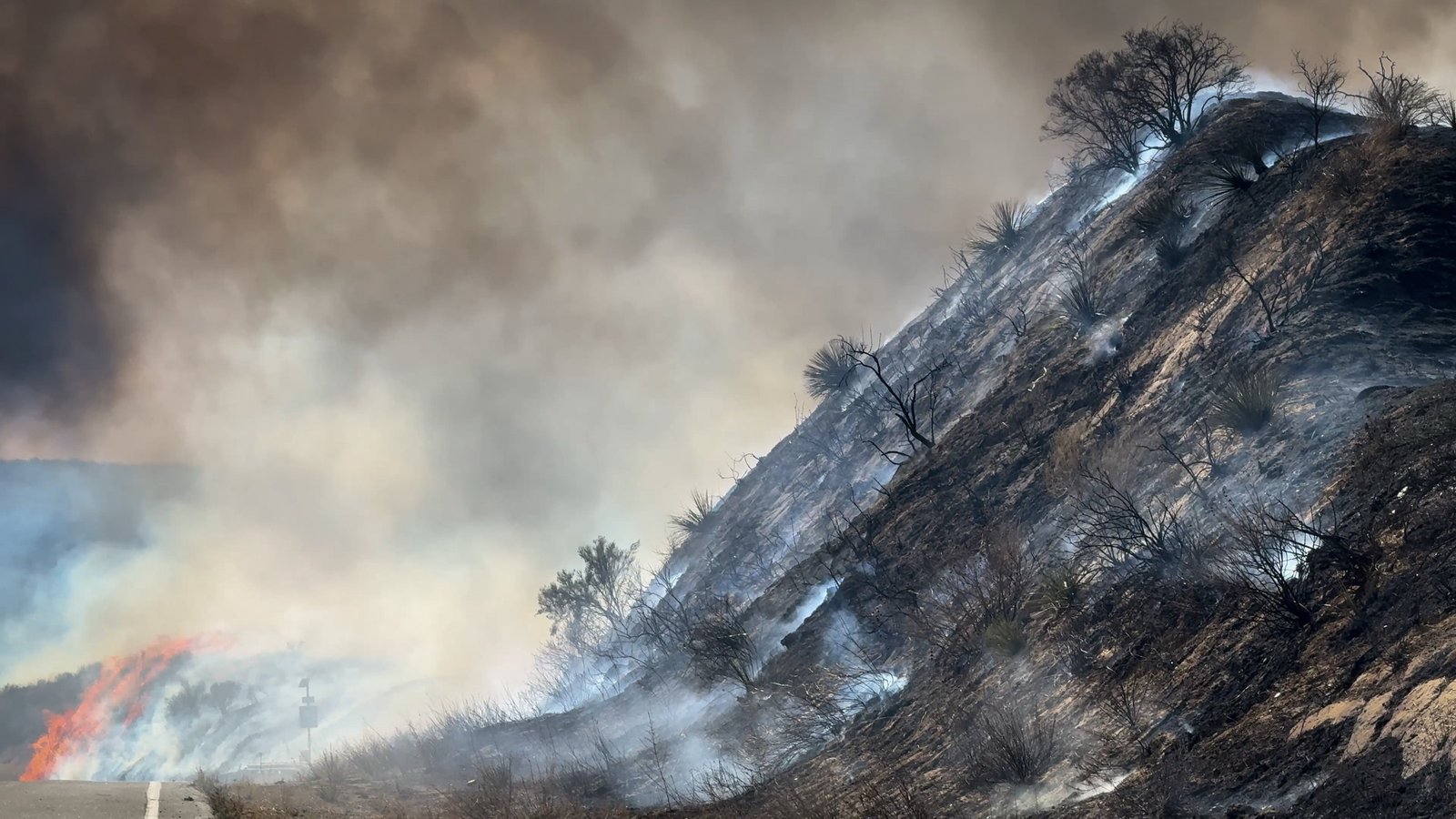 Smoke and flames from the Hughes Fire along Lake Hughes Road in California
