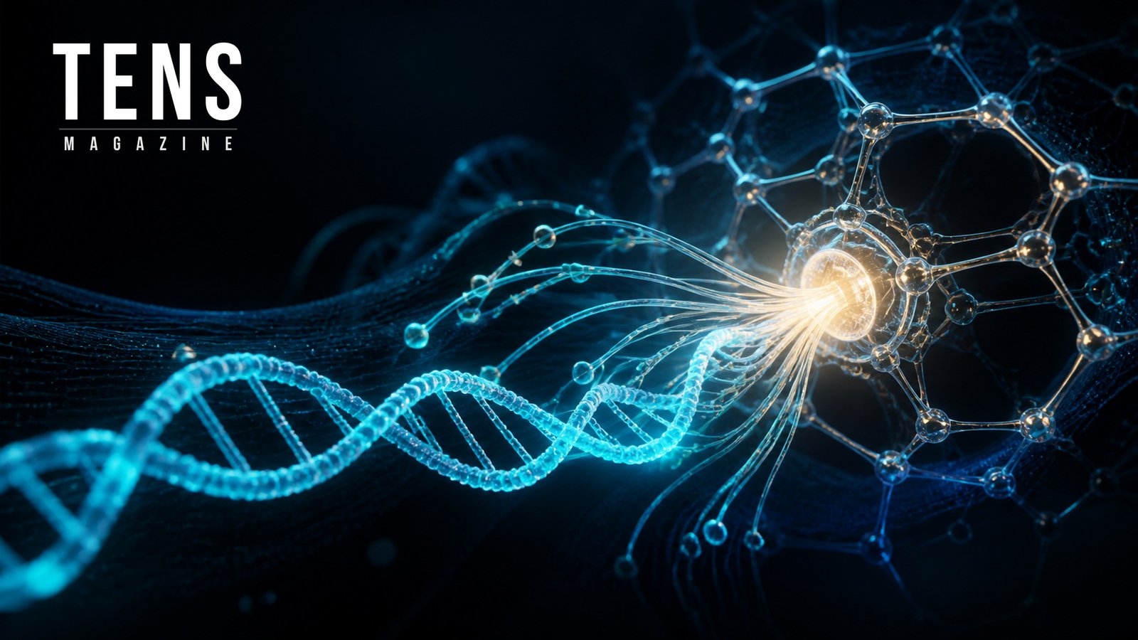 Conceptual illustration of a DNA helix, branching HLA allele paths and an immune-recognition lattice