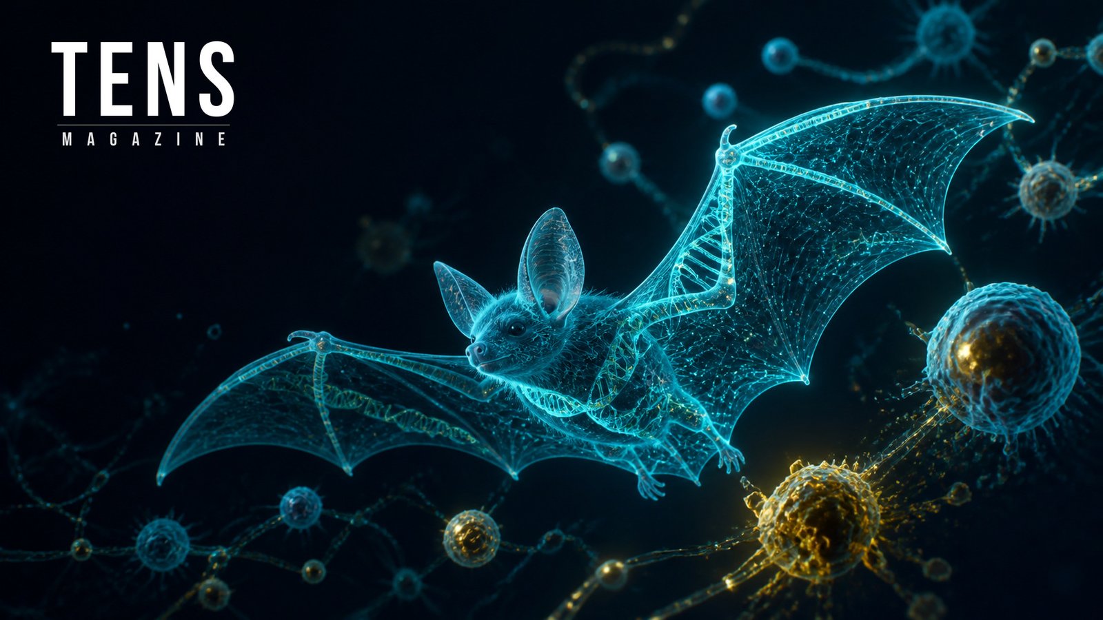 Conceptual illustration of a Myotis bat formed from DNA filaments and immune-signaling nodes