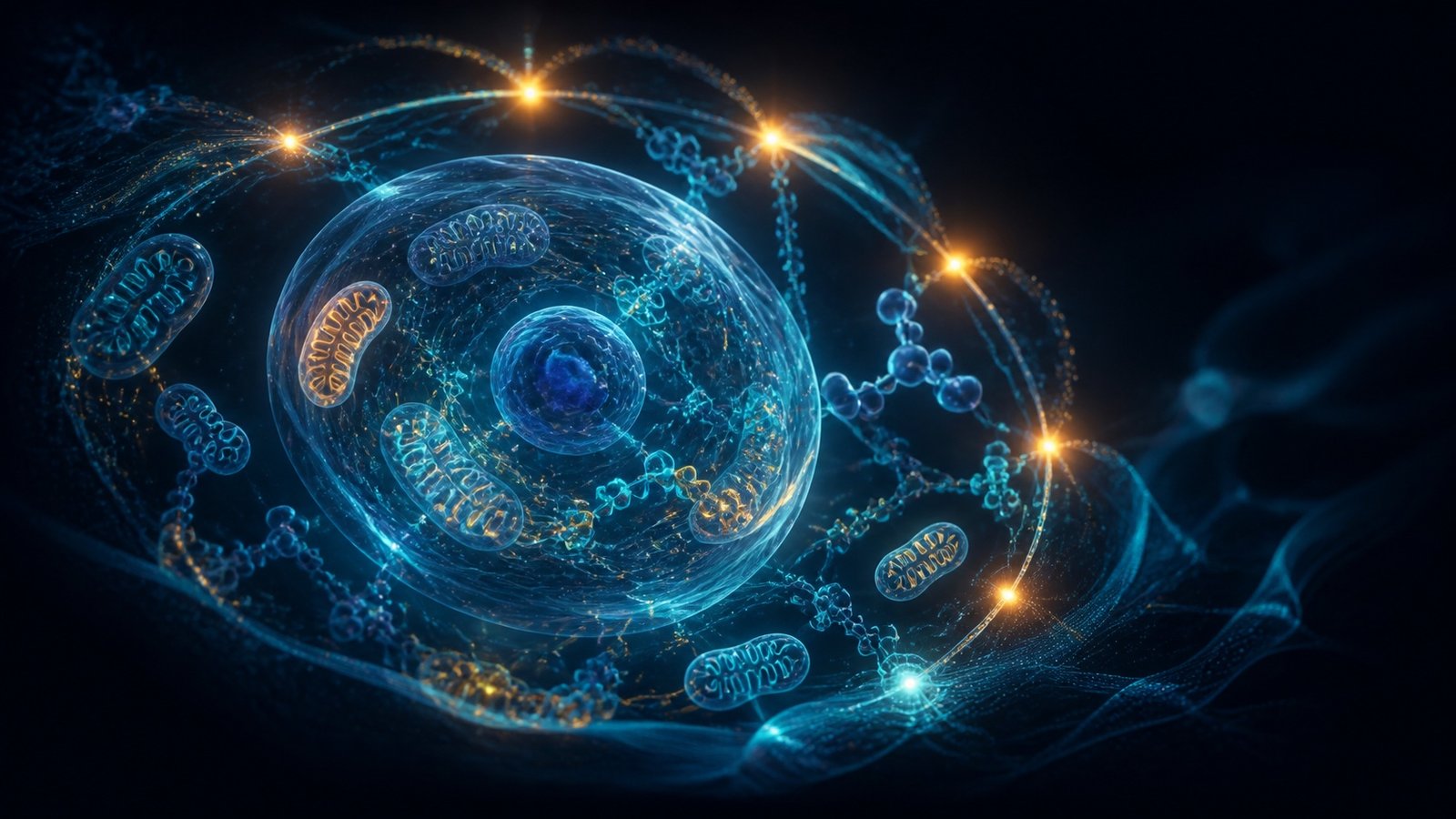 Conceptual illustration of a cell, mitochondria and circadian nourishment signals