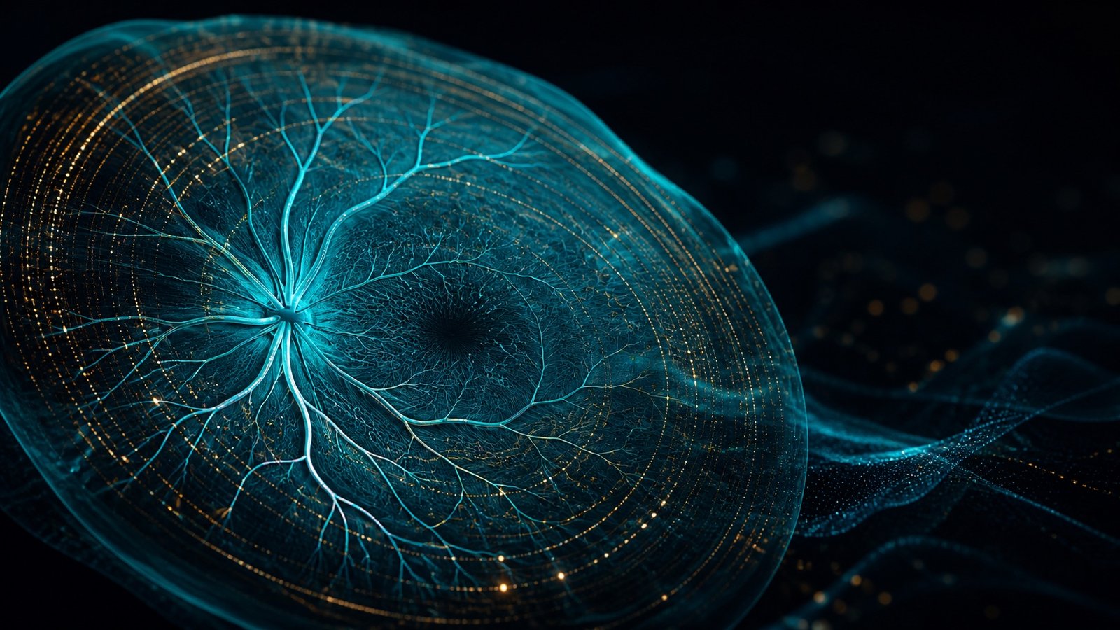 Conceptual illustration of a retina-inspired vascular network and computational aging signals