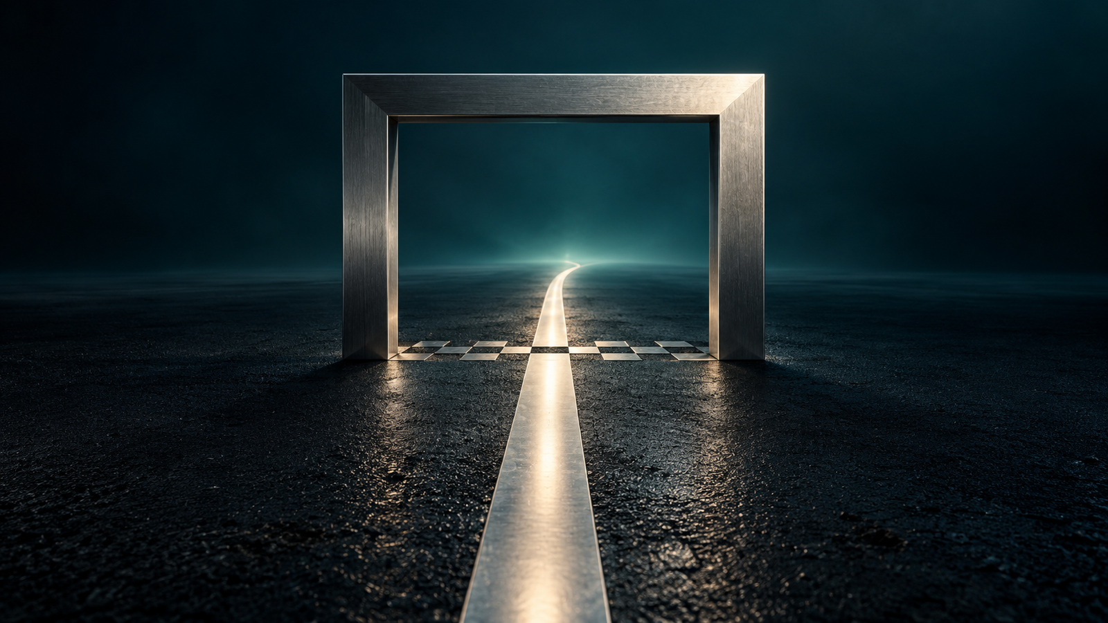 AI-generated conceptual illustration of a light path continuing through a metal frame over asphalt; no actual event depicted.