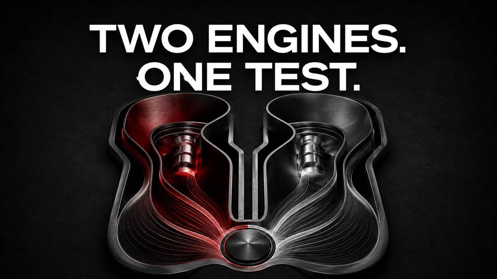 Two Engines. One Test. Abstract red and silver power channels representing an engine-specification comparison.