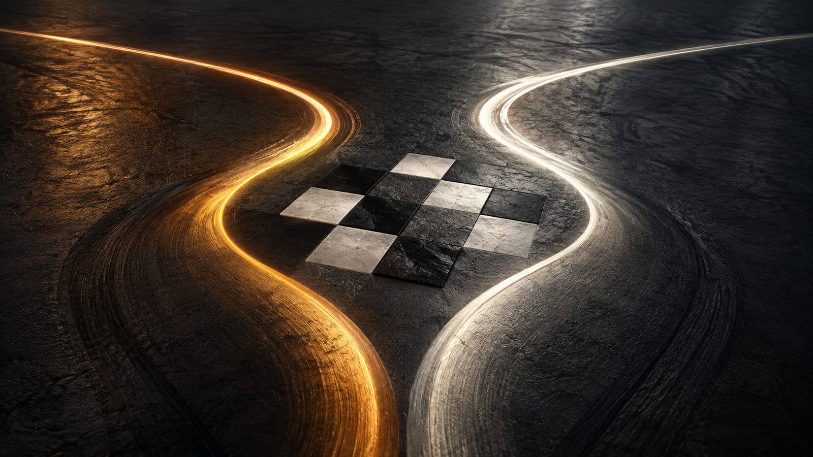 AI-generated conceptual illustration of two light paths opening around checkered geometry; no actual car or circuit depicted.