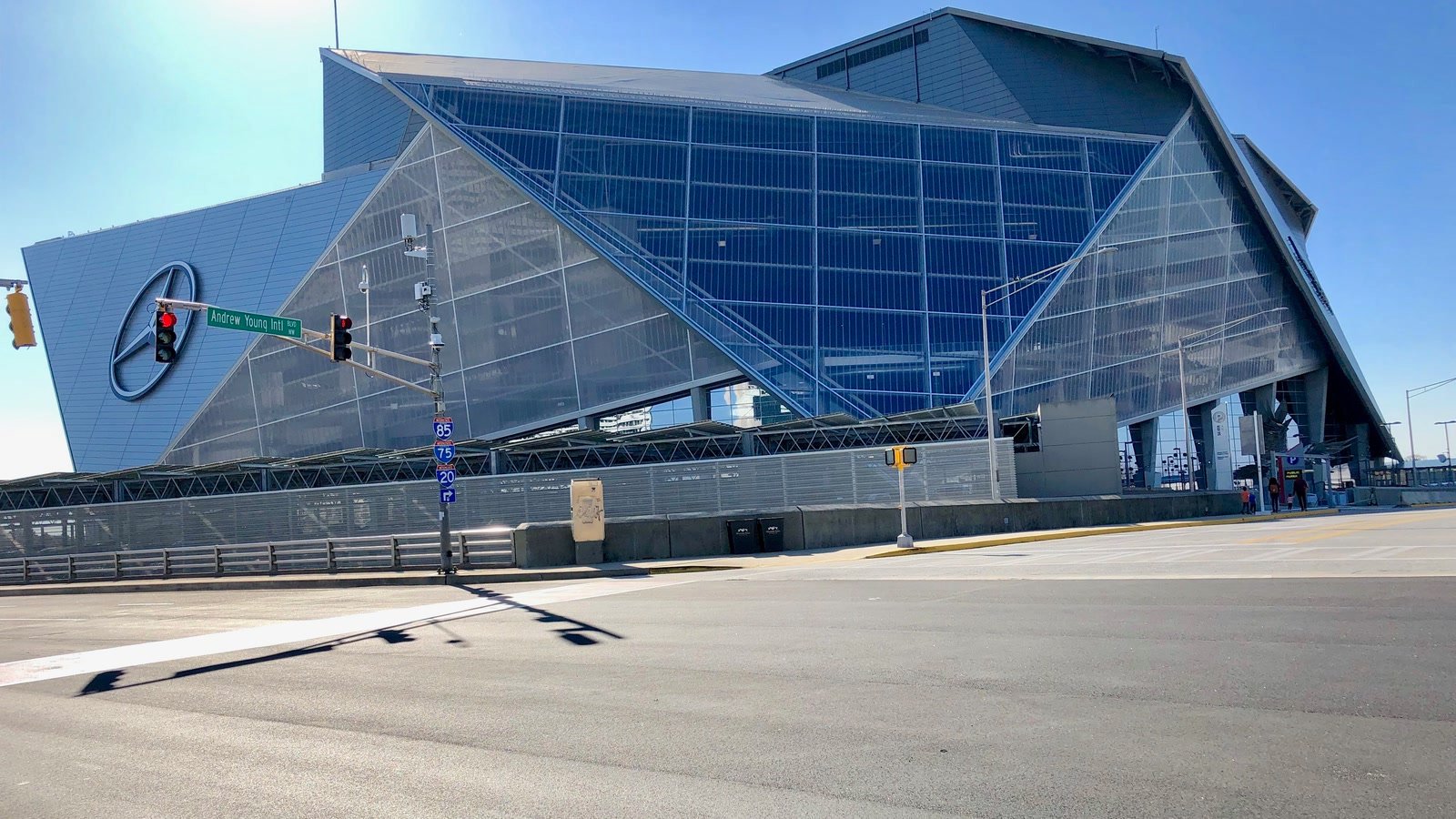Landscape exterior view of Mercedes-Benz Stadium in Atlanta.