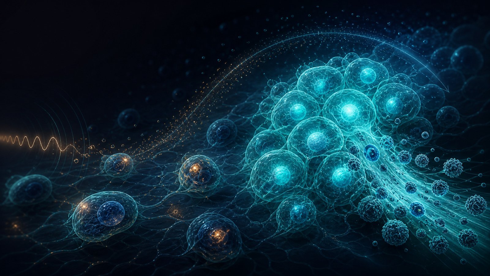 Conceptual illustration of cellular senescence developing over time after radiation