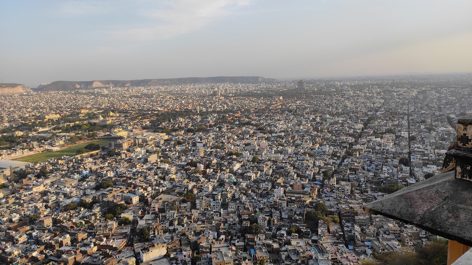 Panoramic landscape view of Jaipur from Nahargarh Fort.