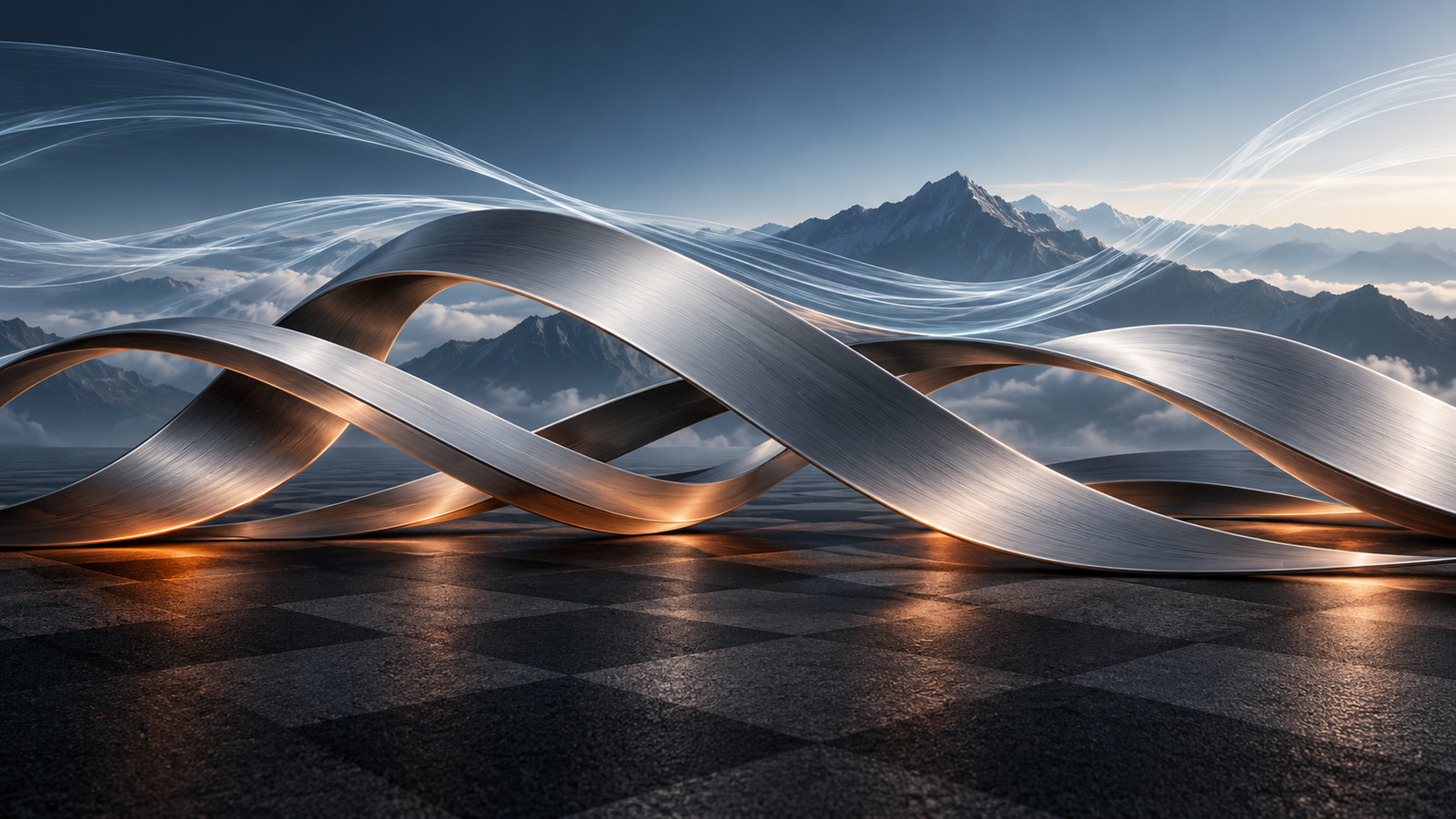 Abstract silver ribbons, airflow lines and checkered texture symbolize motorsport at altitude. AI-generated editorial illustration, not an actual event.